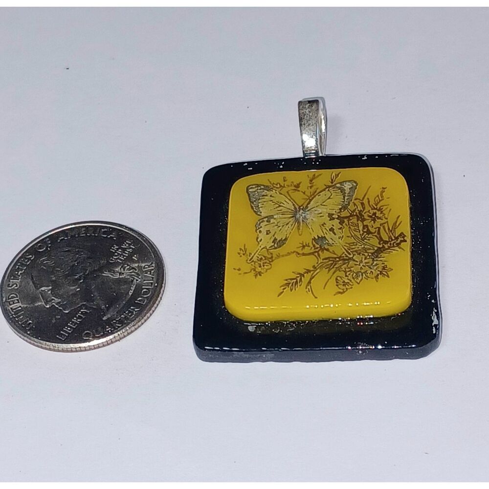 Pretty butterfly with flowers on yellow & black Fused glass pendant Great gift